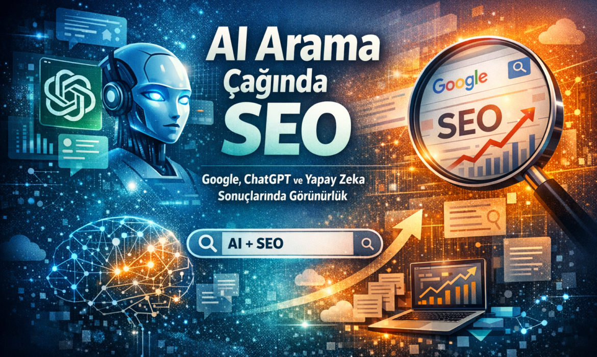 AI arama çağında SEO görseli, Google ve ChatGPT sonuçlarında görünürlük artışı, yapay zeka destekli arama deneyimi ve SEO büyüme grafikleri