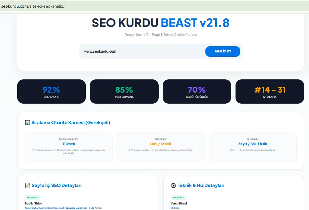 SEO Kurdu Yapay Zeka Analiz Aracı Sayfası Ekran Görüntüsü
