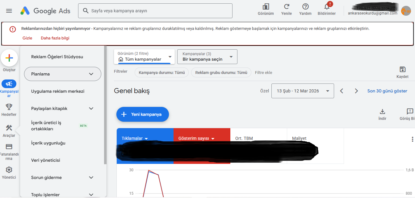 Google Ads panelinde Araçlar bölümüne erişim ekranı