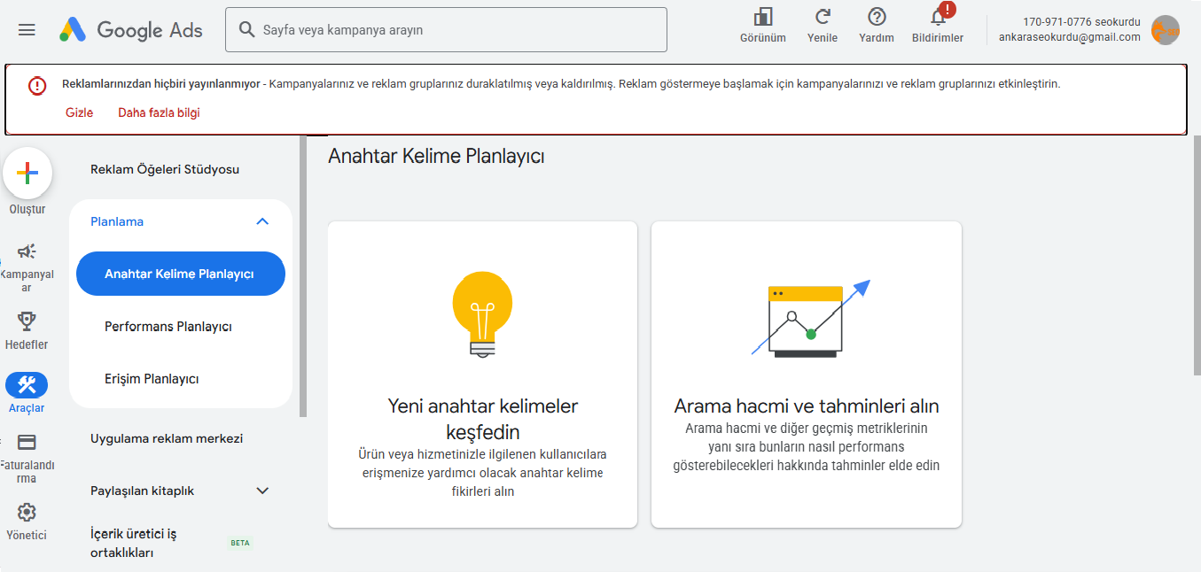 Google Anahtar Kelime Planlayıcı ana ekranı ve iki temel seçenek